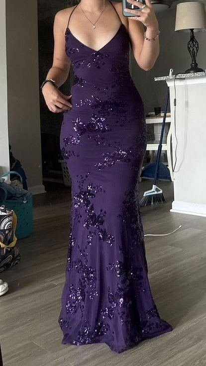Sexy V Neck Purple Satin Sequin Backless Mermaid Evening Dress Long Party Dress,LTP4415