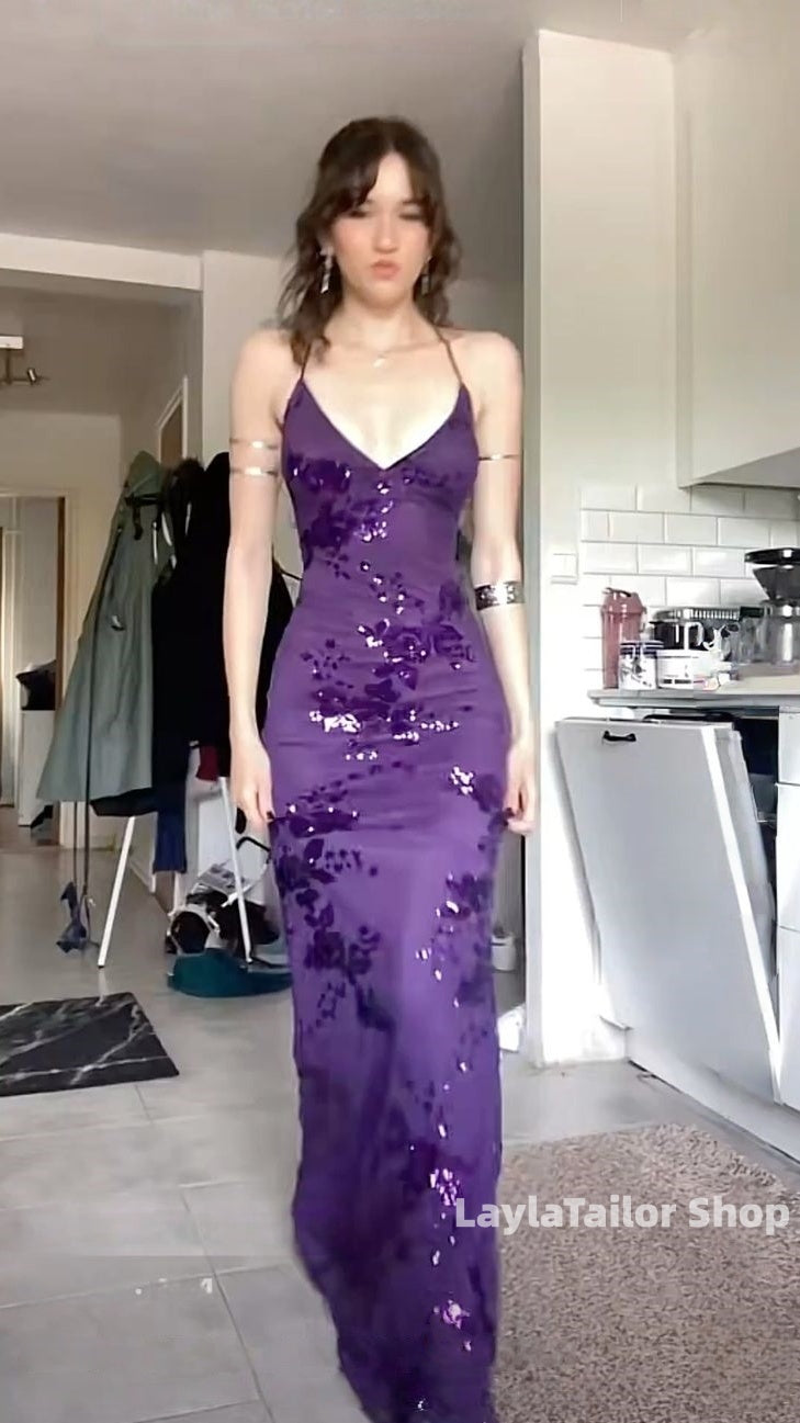 Sexy V Neck Purple Satin Sequin Backless Mermaid Evening Dress Long Party Dress,LTP4415