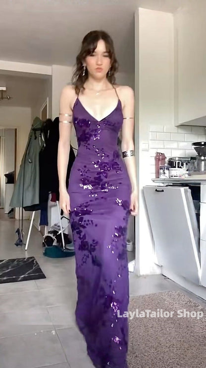 Sexy V Neck Purple Satin Sequin Backless Mermaid Evening Dress Long Party Dress,LTP4415
