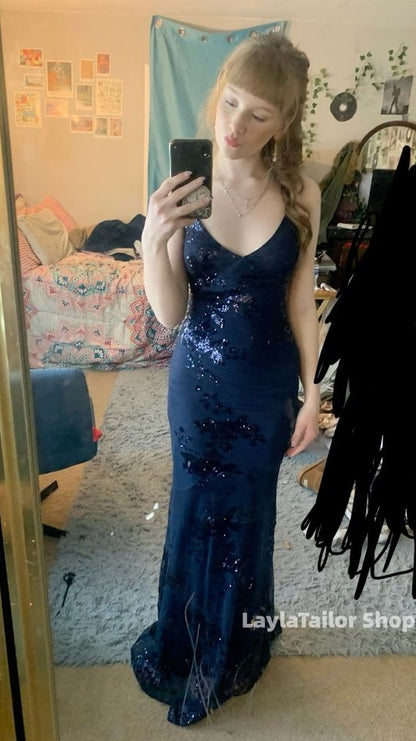 Sexy V Neck Purple Satin Sequin Backless Mermaid Evening Dress Long Party Dress,LTP4415