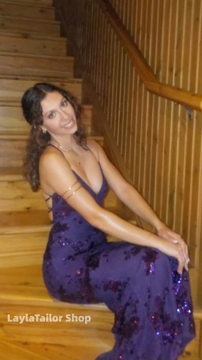 Sexy V Neck Purple Satin Sequin Backless Mermaid Evening Dress Long Party Dress,LTP4415