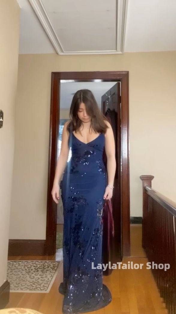 Sexy V Neck Purple Satin Sequin Backless Mermaid Evening Dress Long Party Dress,LTP4415