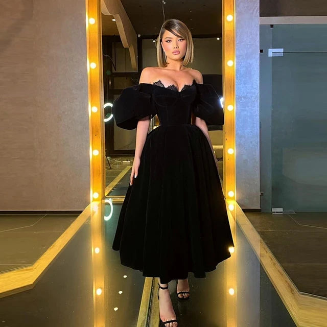 Velvet A-Line Black Homecoming Dresses, Off The Shoulder Graduation Dresses With Bubble Sleeves