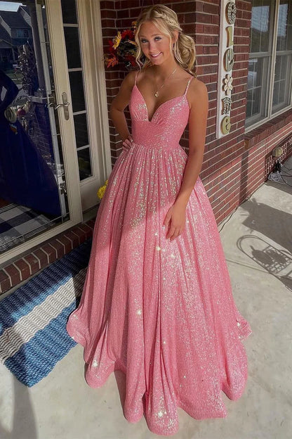 Sparkle Pink Sequins Prom Dresses Evening Ball Gown