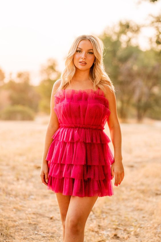 Shiny Fuchsia Ruffle Short Dress Sequins Tulle Hoco Dress, LTP3297