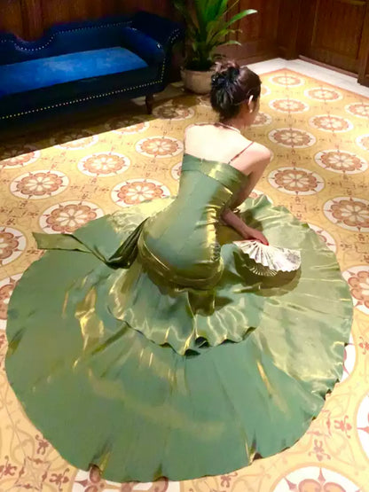 Shiny Green Spaghetti Straps Ruffle Party Dress Sweetheart Formal Prom Dresses,LTP4380