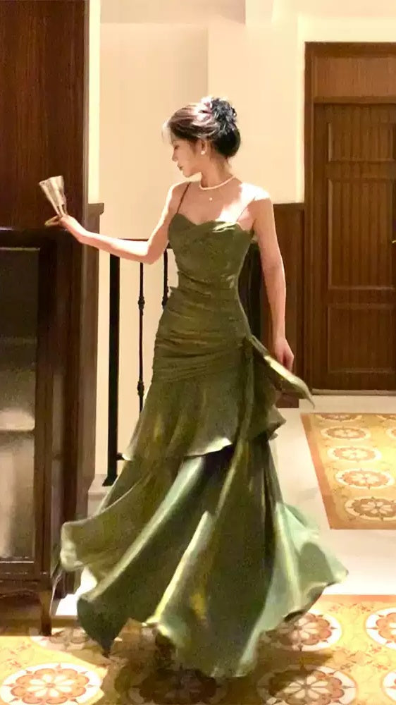 Shiny Green Spaghetti Straps Ruffle Party Dress Sweetheart Formal Prom Dresses,LTP4380