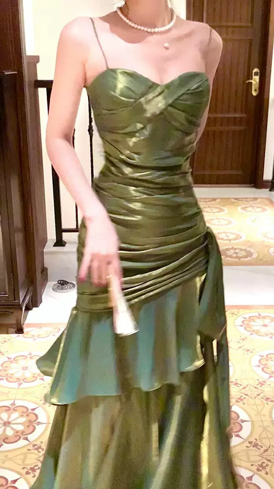 Shiny Green Spaghetti Straps Ruffle Party Dress Sweetheart Formal Prom Dresses,LTP4380