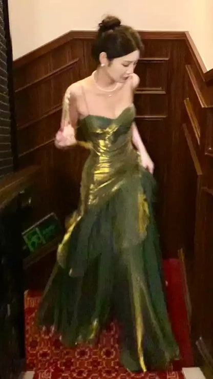 Shiny Green Spaghetti Straps Ruffle Party Dress Sweetheart Formal Prom Dresses,LTP4380