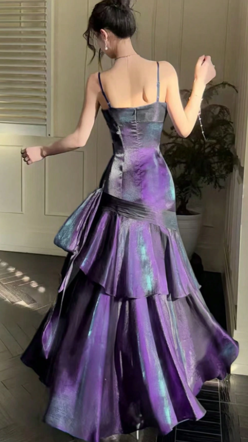 Shiny Purple Ruffle Prom Dresses Spaghetti Straps Dance Party Dress,LTP4239