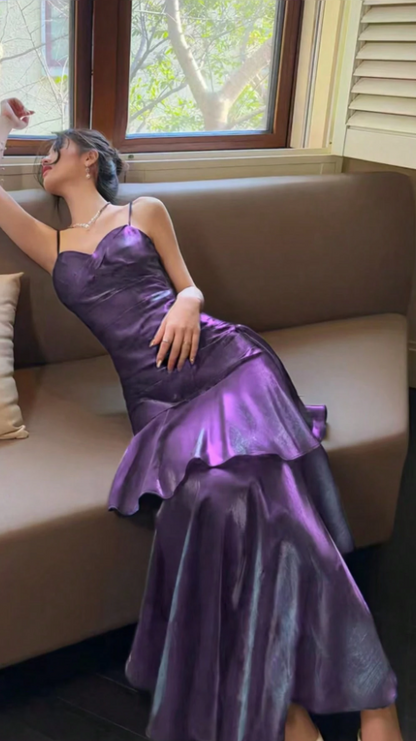 Shiny Purple Ruffle Prom Dresses Spaghetti Straps Dance Party Dress,LTP4239