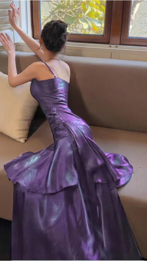 Shiny Purple Ruffle Prom Dresses Spaghetti Straps Dance Party Dress,LTP4239