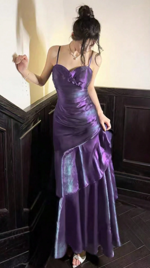 Shiny Purple Ruffle Prom Dresses Spaghetti Straps Dance Party Dress,LTP4239