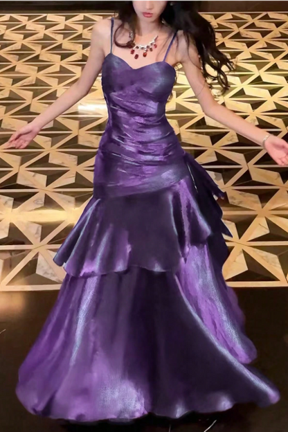 Shiny Purple Ruffle Prom Dresses Spaghetti Straps Dance Party Dress,LTP4239