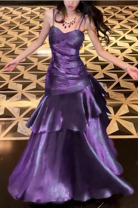Shiny Purple Ruffle Prom Dresses Spaghetti Straps Dance Party Dress,LTP4239