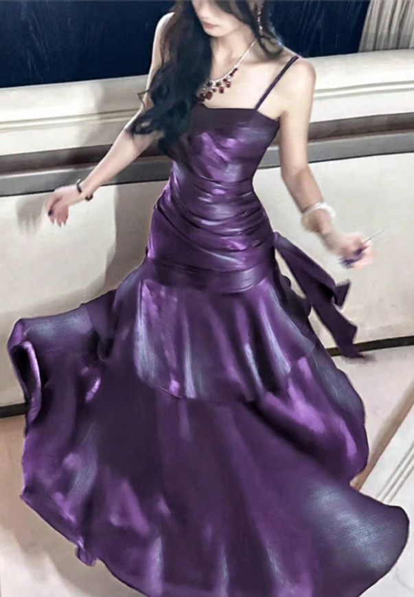 Shiny Purple Ruffle Prom Dresses Spaghetti Straps Dance Party Dress,LTP4239