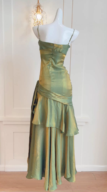 Shiny Green Spaghetti Straps Ruffle Party Dress Sweetheart Formal Prom Dresses,LTP4380