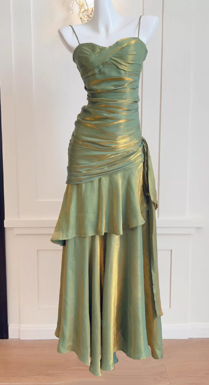 Shiny Green Spaghetti Straps Ruffle Party Dress Sweetheart Formal Prom Dresses,LTP4380