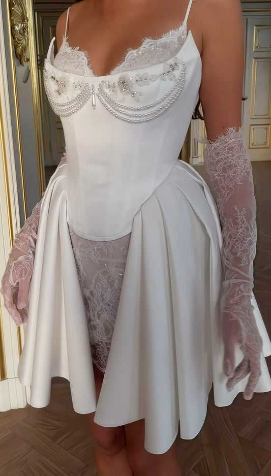 Short Wedding Dress Pearl Beaded White Spaghetti Straps Lace Wedding Gown,LTP3698