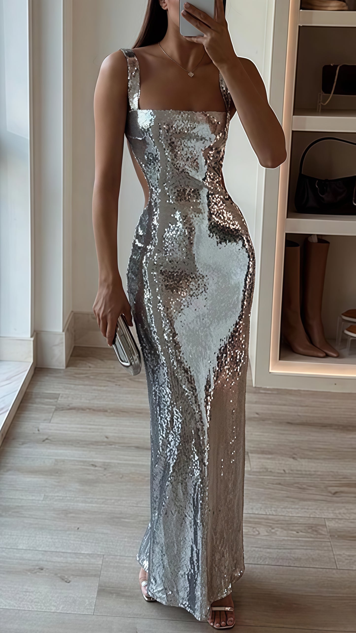 Silver Bodycon Sequin Long Prom Dresses, Sleeveless Evening Gown, LTP3467