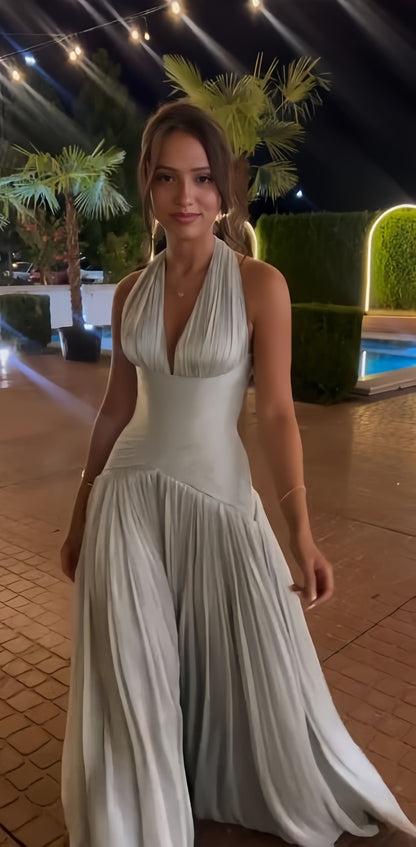 Silver V-Neck Halter Prom Dresses Sleeveless Pleated Bridesmaid Party Dress,LTP4258