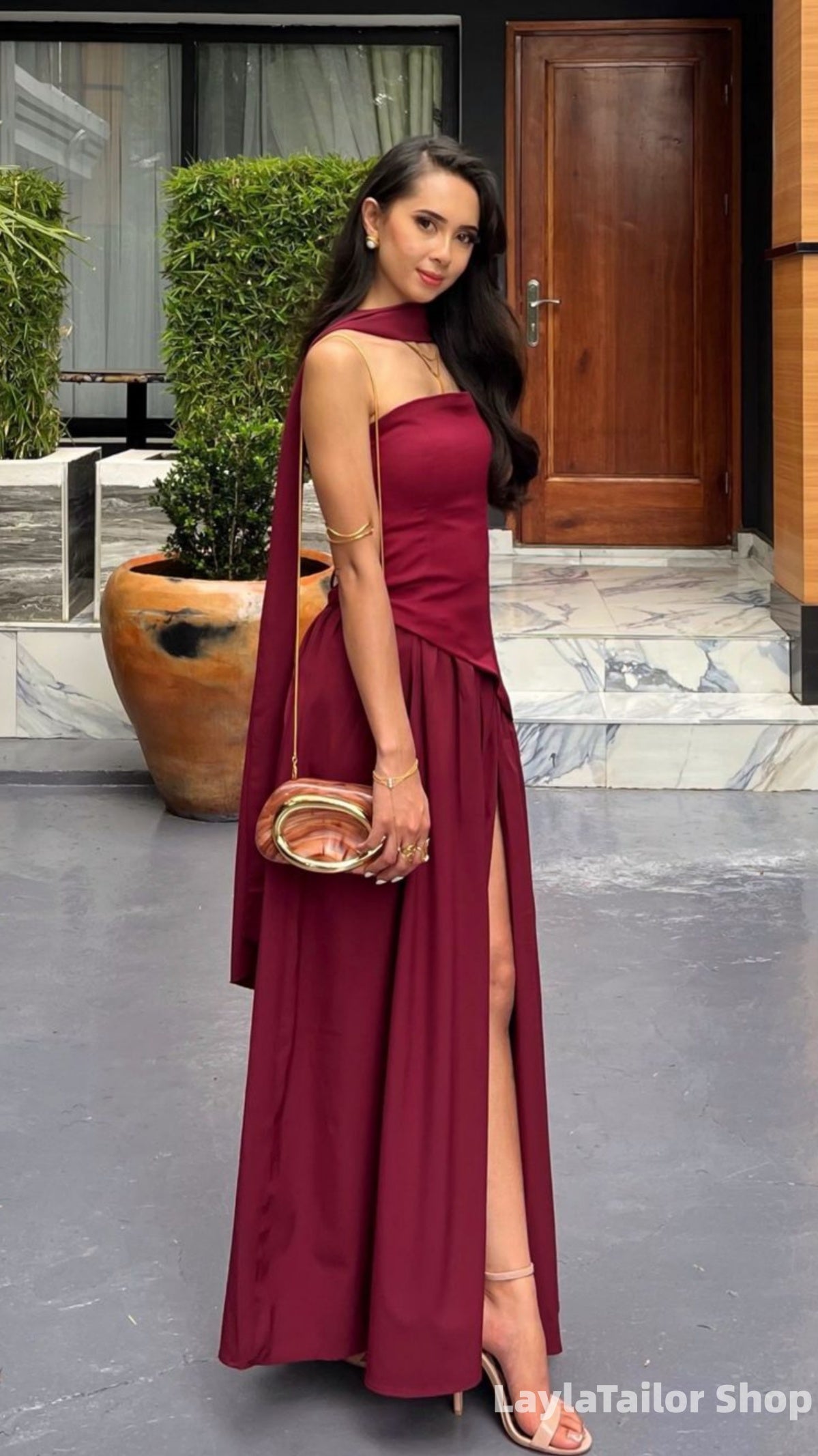Simple Burgundy Strapless Long Prom Dresses With Slit