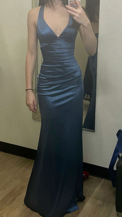 Simple Halter Mermaid Long Prom Dresses Satin V-Neck Evening Party Dress,LTP4335