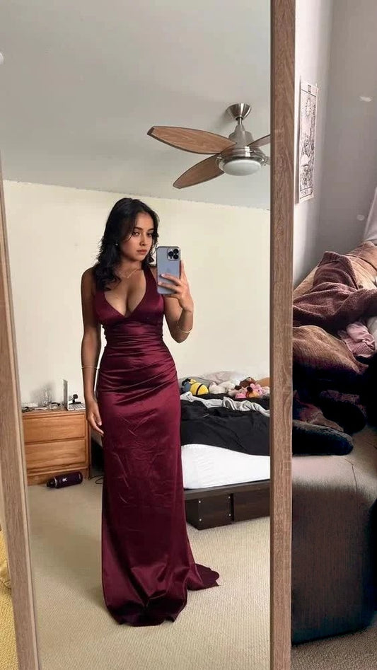 Simple Halter Mermaid Long Prom Dresses Satin V-Neck Evening Party Dress,LTP4335