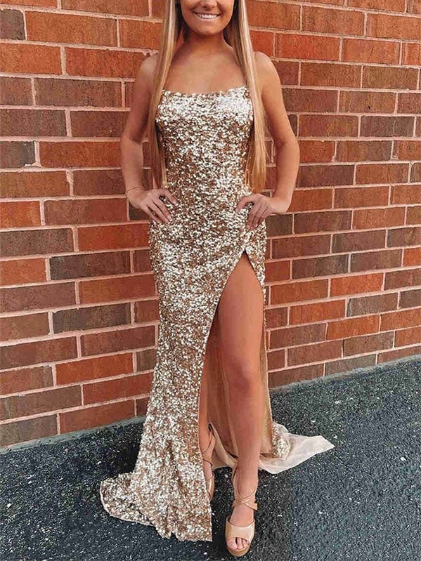 Spaghetti Straps Gold Sequin Long Prom Dress With High Side Slit