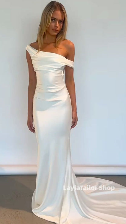Simple Off The Shoulder Wedding Dresses White Mermaid Bridal Dress With Train ,LTP4601