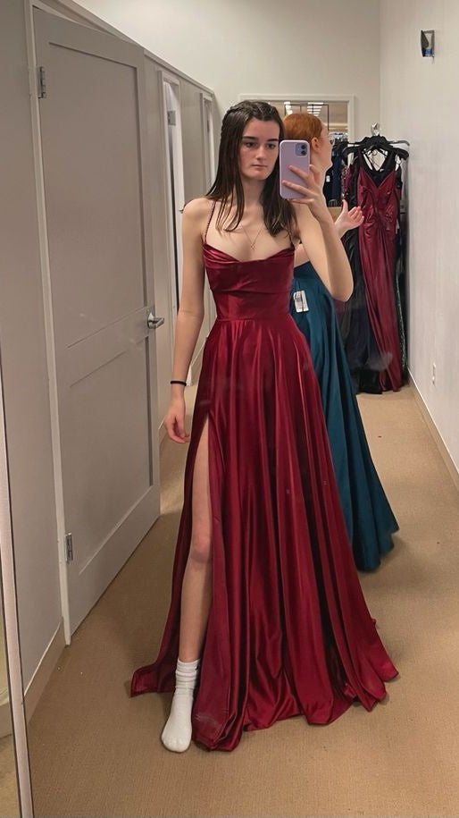 Simple Prom Dresses Burgundy Satin Evening Party Dress With Split,LTP4219