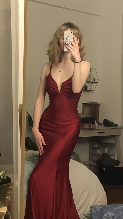 Simple Prom Dresses,Burgundy Satin Bodycon Party Dress,Long Formal Dress,LTP4134