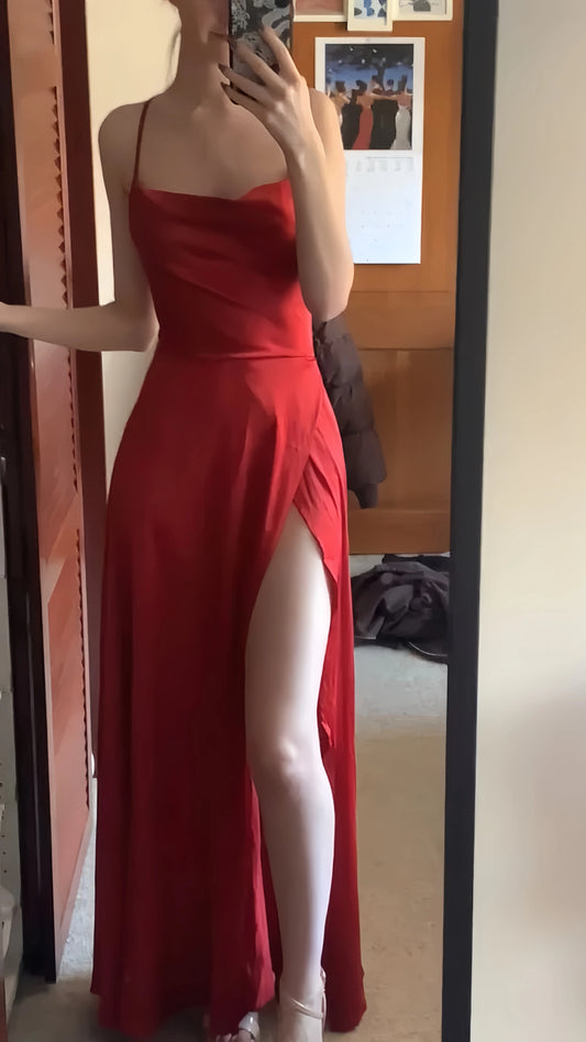 Simple Red Satin Long Party Dresses Slit Senior Prom Dress,LTP4087