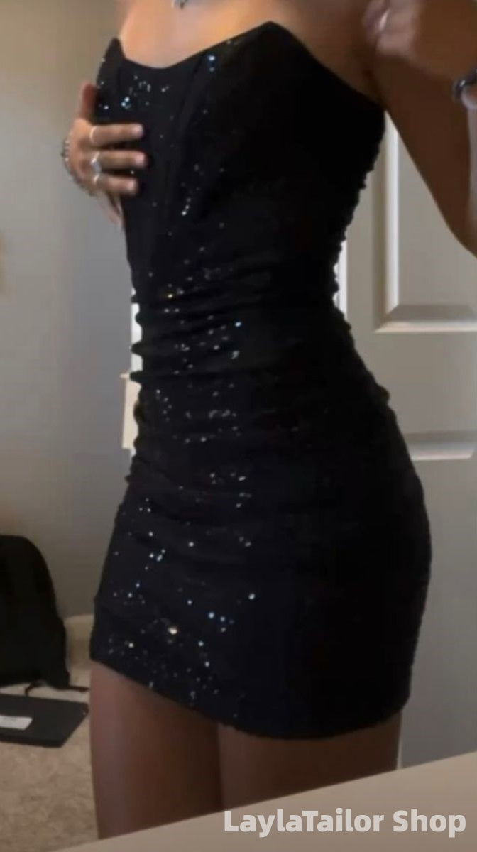 Simple Strapless Black Sequin Bodycon Homecoming Dress