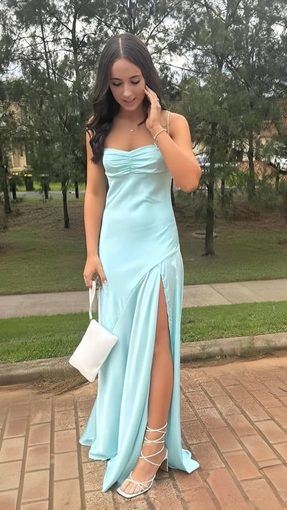 Simple Tiffany Blue Sheath Long Prom Dresses Evening Party Dress With Side Slit,LTP3987