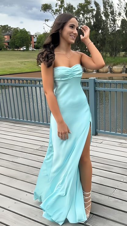 Simple Tiffany Blue Sheath Long Prom Dresses Evening Party Dress With Side Slit,LTP3987