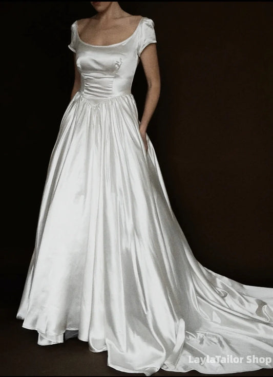 Simple Vintage White Satin Wedding Dresses A-Line Bridal Wedding Gown,LTP3699