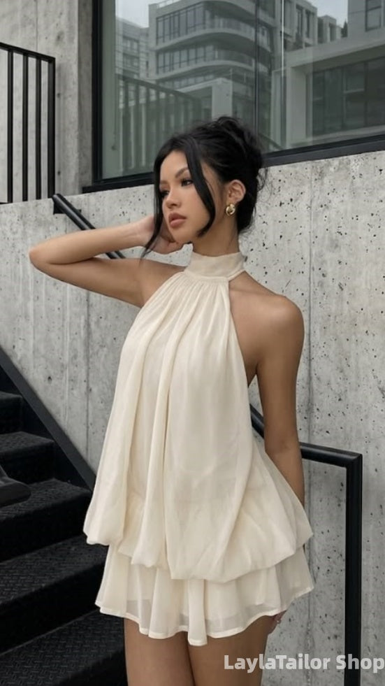 Simple Halter Chiffon Mini Homecoming Dresses Sleeveless Summer Dress,LTP3700