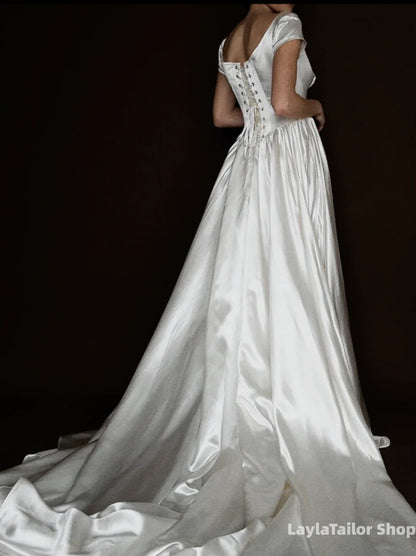 Simple Vintage White Satin Wedding Dresses A-Line Bridal Wedding Gown,LTP3699