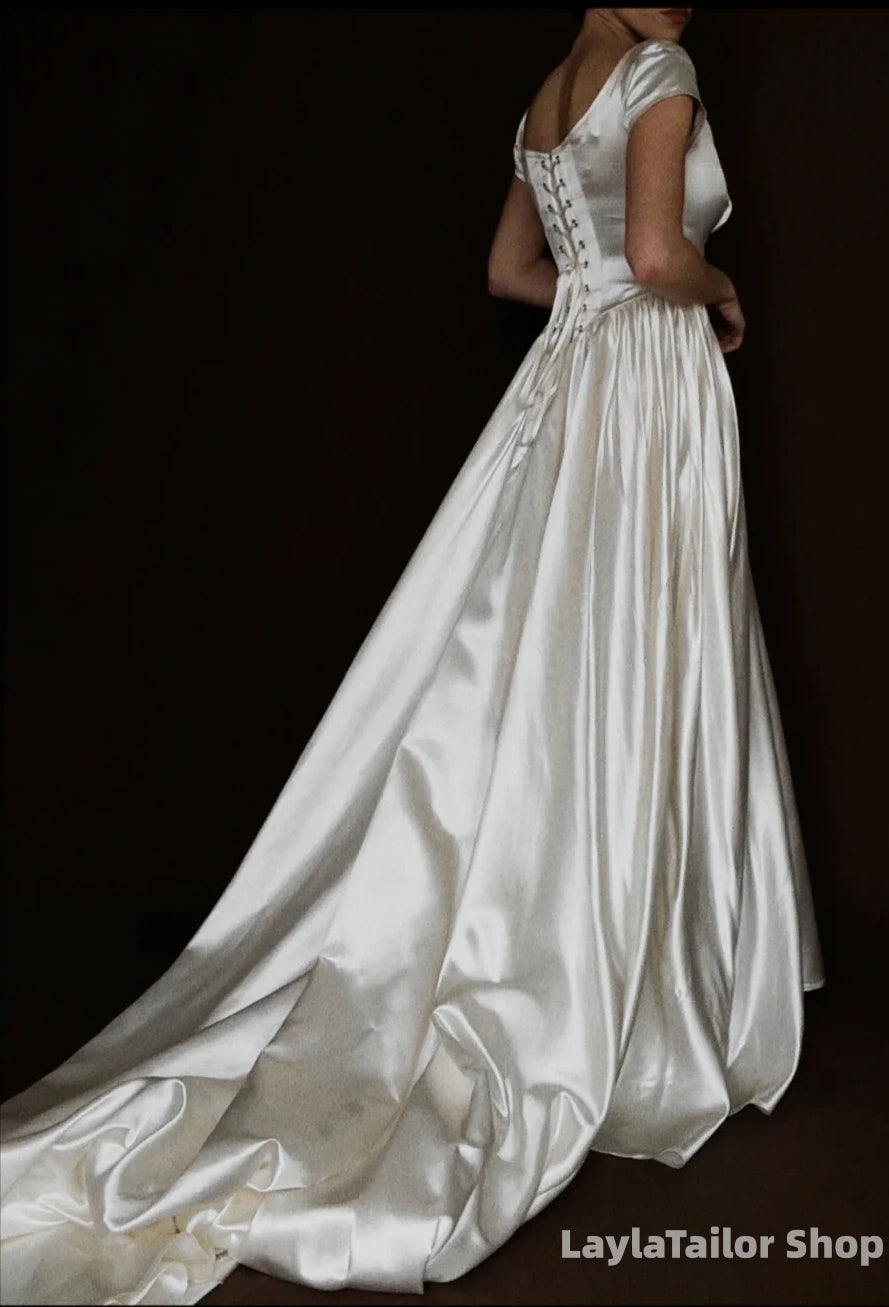 Simple Vintage White Satin Wedding Dresses A-Line Bridal Wedding Gown,LTP3699
