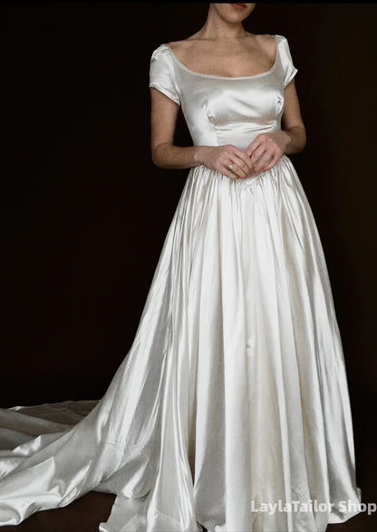 Simple Vintage White Satin Wedding Dresses A-Line Bridal Wedding Gown,LTP3699