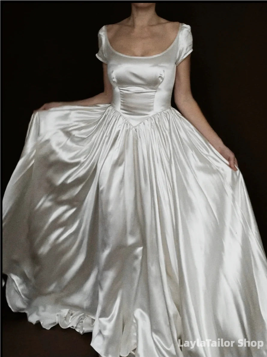Simple Vintage White Satin Wedding Dresses A-Line Bridal Wedding Gown,LTP3699