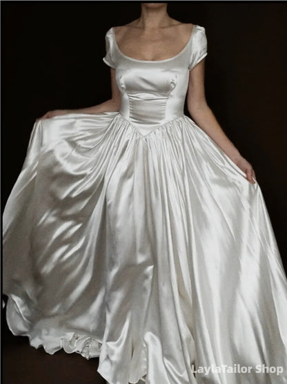 Simple Vintage White Satin Wedding Dresses A-Line Bridal Wedding Gown,LTP3699