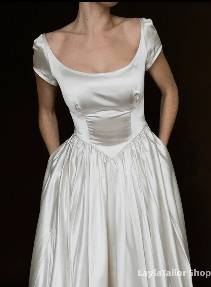 Simple Vintage White Satin Wedding Dresses A-Line Bridal Wedding Gown,LTP3699