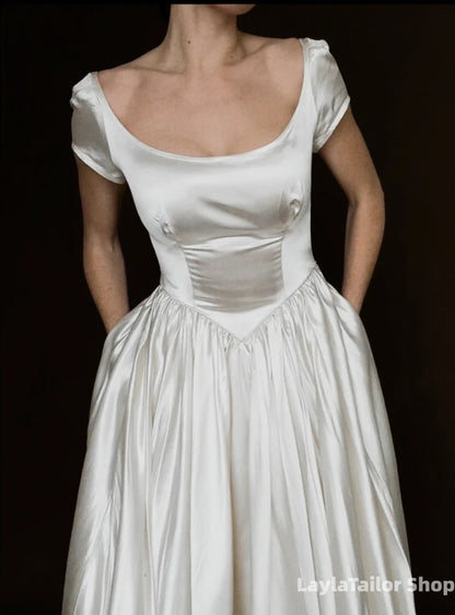 Simple Vintage White Satin Wedding Dresses A-Line Bridal Wedding Gown,LTP3699