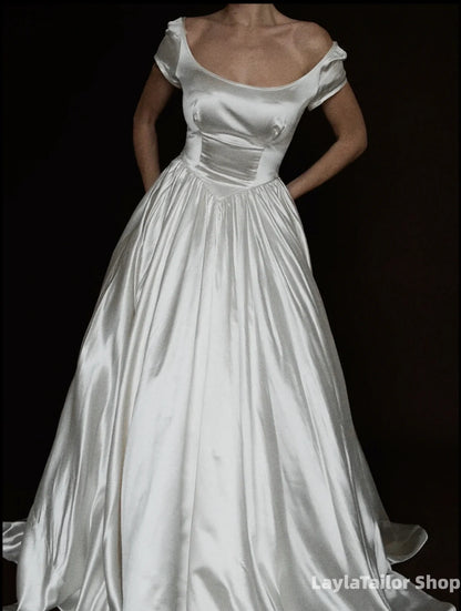 Simple Vintage White Satin Wedding Dresses A-Line Bridal Wedding Gown,LTP3699