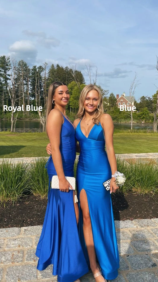 Simple Blue Mermaid Satin Prom Dresses Slit Senior Formal Dress,LTP4412