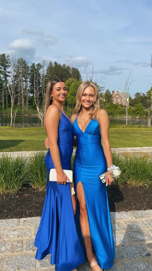 Simple Blue Mermaid Satin Prom Dresses Slit Senior Formal Dress,LTP4412