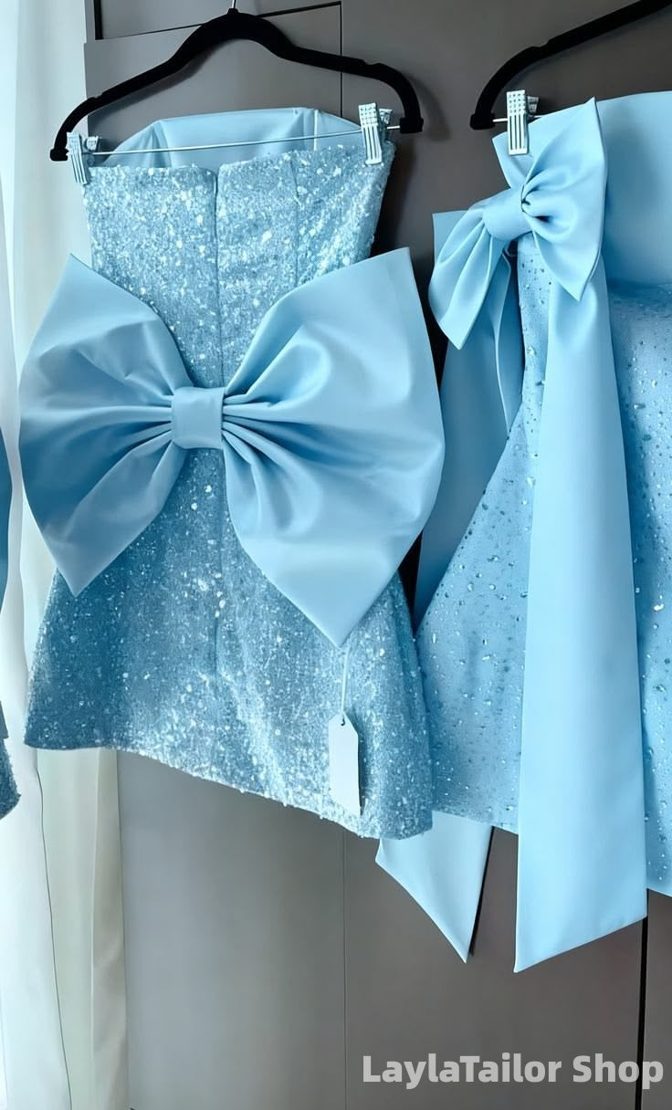 Sky Blue Bodycom Sequin Homecoming Dresses With Bowknot LTP82667