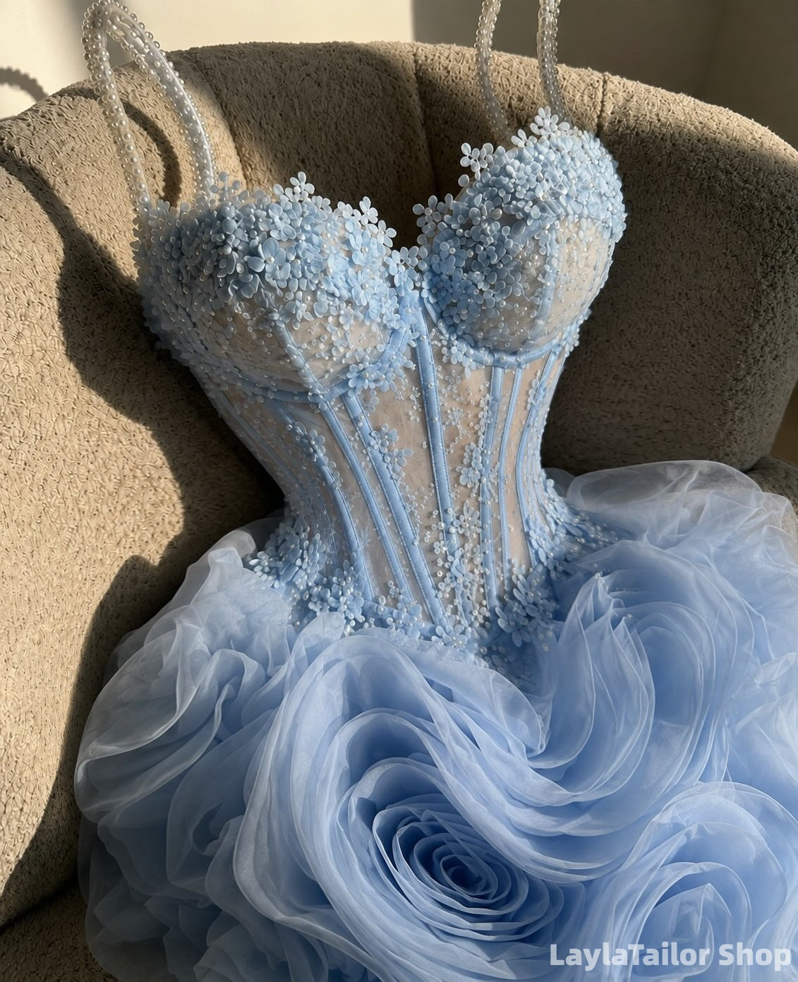 Sky Blue Floral Organza Mini Homecoming Dresses LTP82725